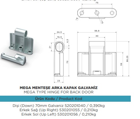 ALUMUNYUM ARKA KAPI DORSE MEGA MENTESE DISISI 70 MM GALVENIZ